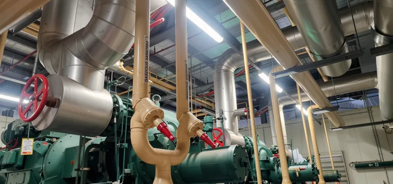 Plant room pipework and compressors