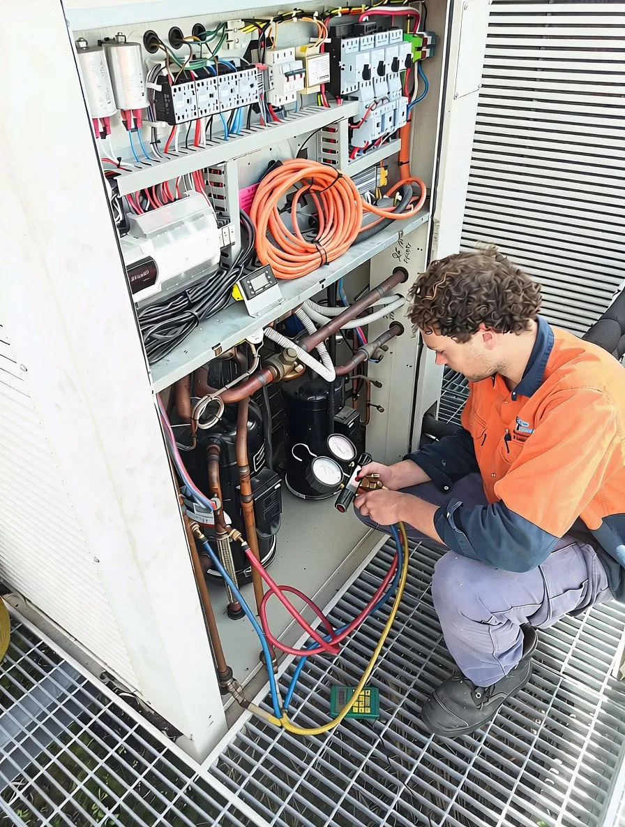 Technician working on a control panel